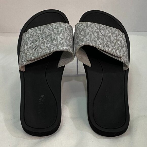 Michael Kors Silver Monogram Slide Sandals Women’s 8M Logo Strap Flat - Picture 2 of 10